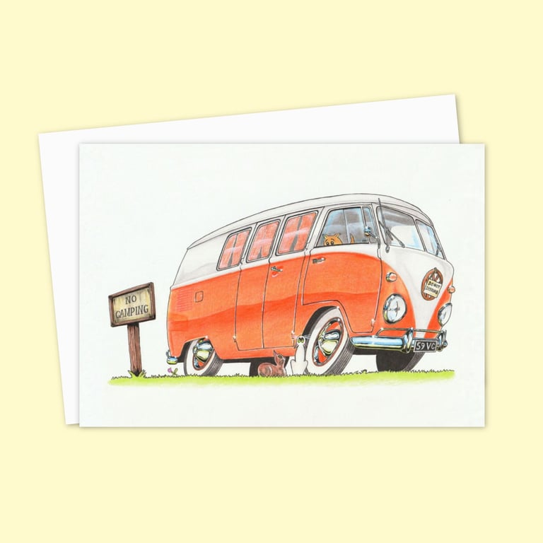 Camper Van Greeting Card: Camp Site Pencil Illustration - Blank Inside (325) 