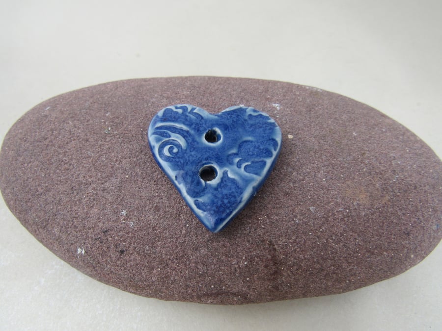 Medium Ice Blue Brocade Texture Heart Shaped Ceramic Button