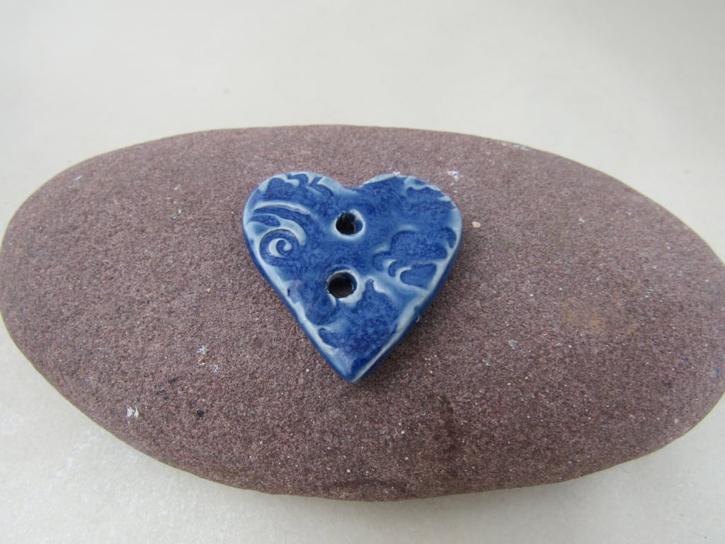 Medium Ice Blue Brocade Texture Heart Shaped Ceramic Button