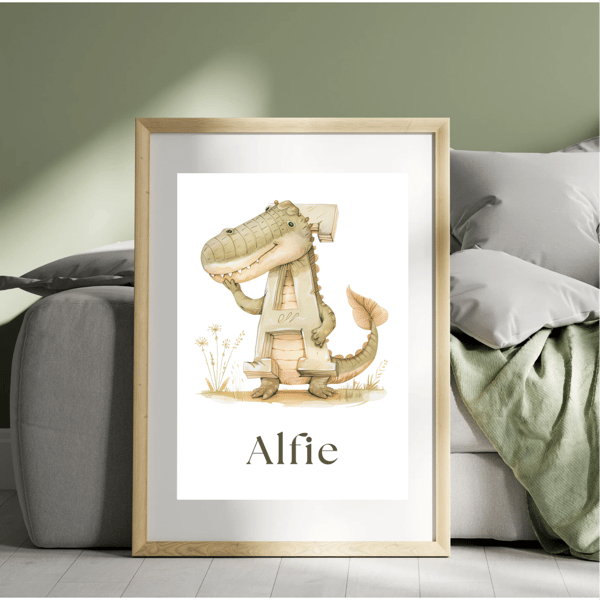 Watercolour Initial and Name baby and child's print with animals.