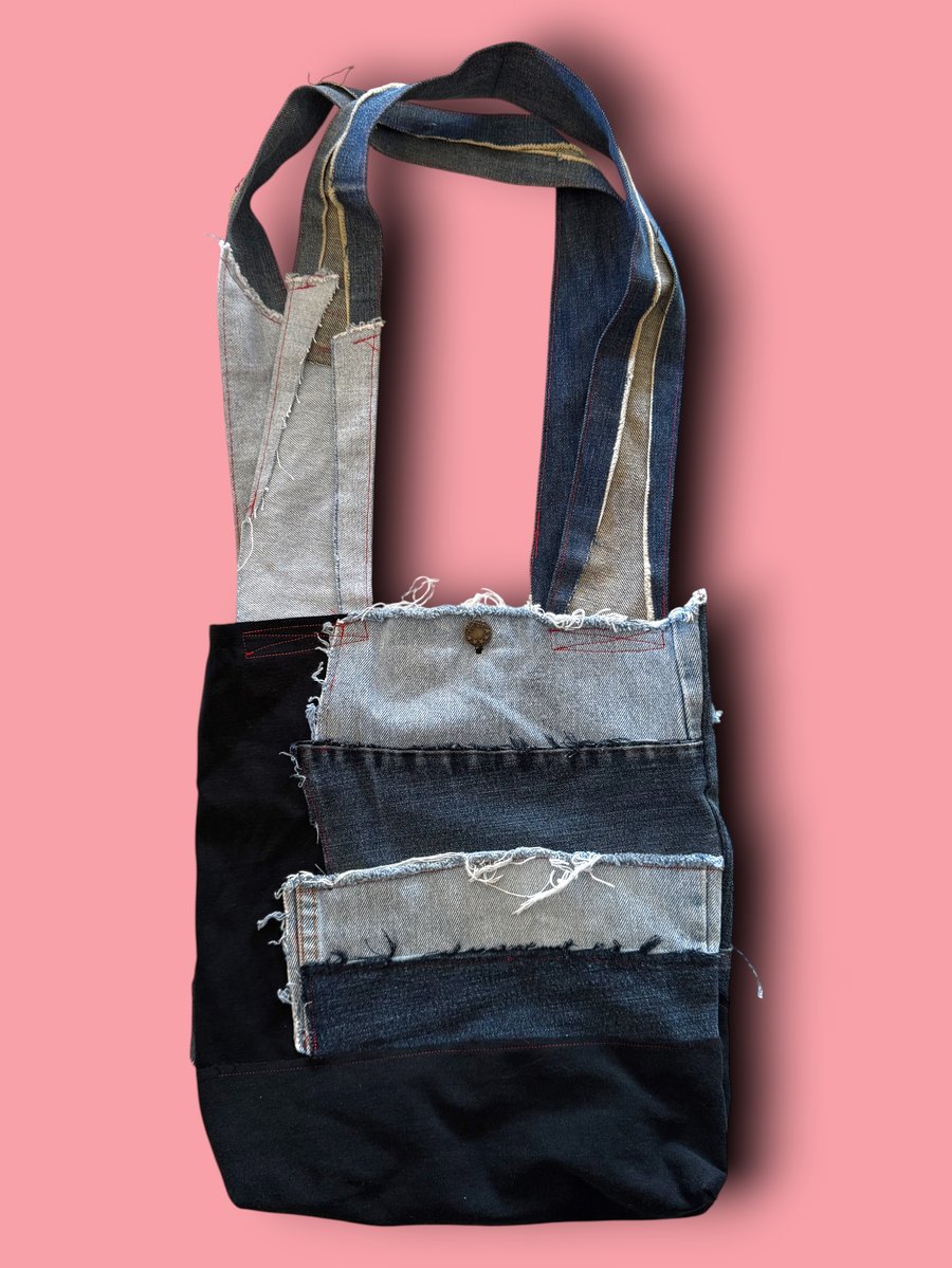 Raw Edge Upcycled Denim Tote Bag with Patchwork Lining