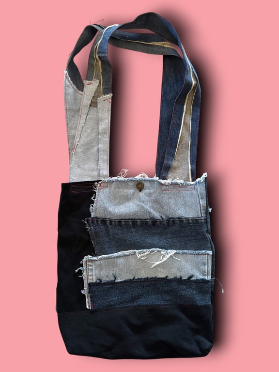 Raw Edge Upcycled Denim Tote Bag with Patchwork Lining