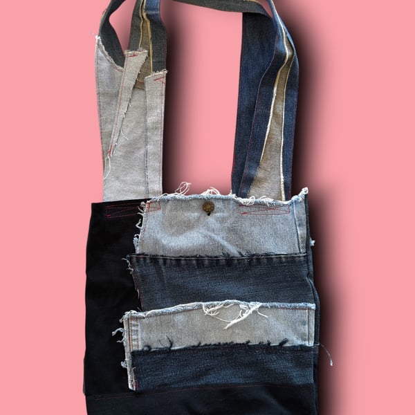 Raw Edge Upcycled Denim Tote Bag with Patchwork Lining