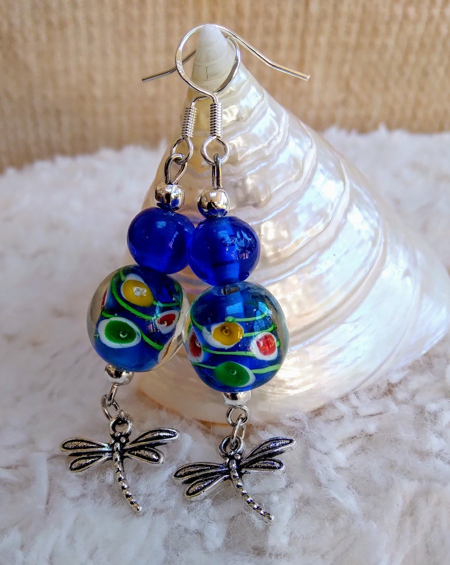 Colourful polkadot Lampwork and plain blue glass lbeaded silvertone EARRINGS