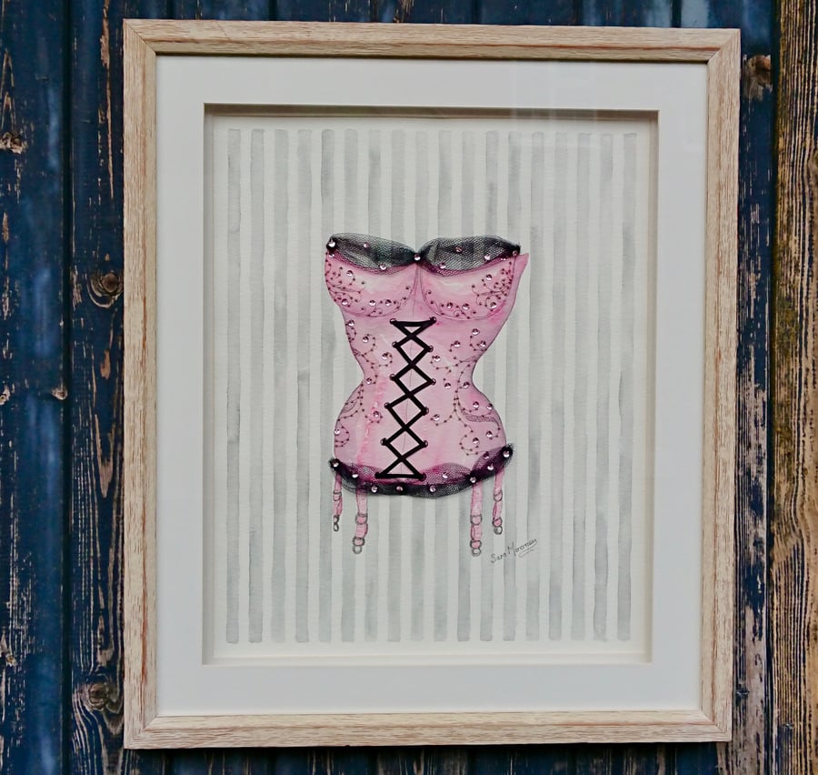 Pink and black corset painting hand-stitched with ribbon, net and sequins