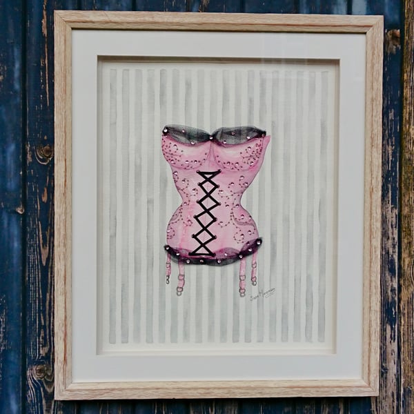 Pink and black corset painting hand-stitched with ribbon, net and sequins