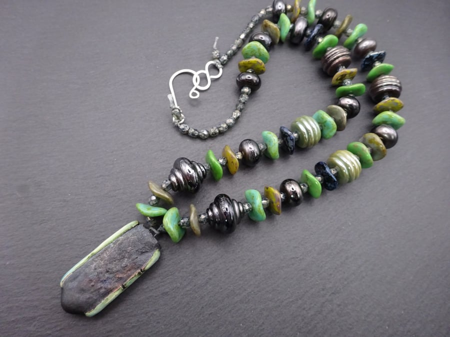 handmade lampwork glass necklace, ceramic pendant