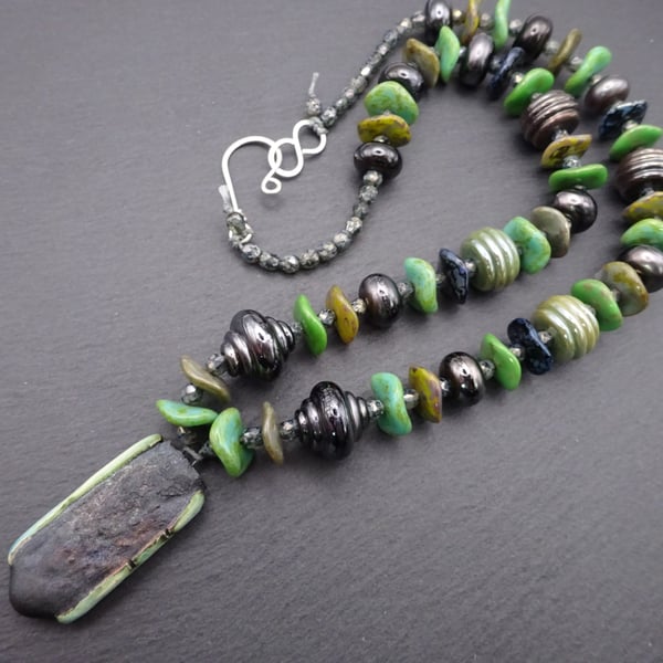 handmade lampwork glass necklace, ceramic pendant