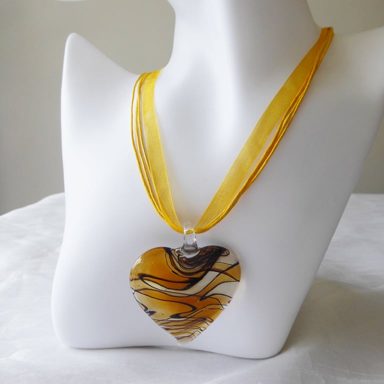 Yellow Ribbon & Cord Adjustable Necklace with Large Lampwork Heart