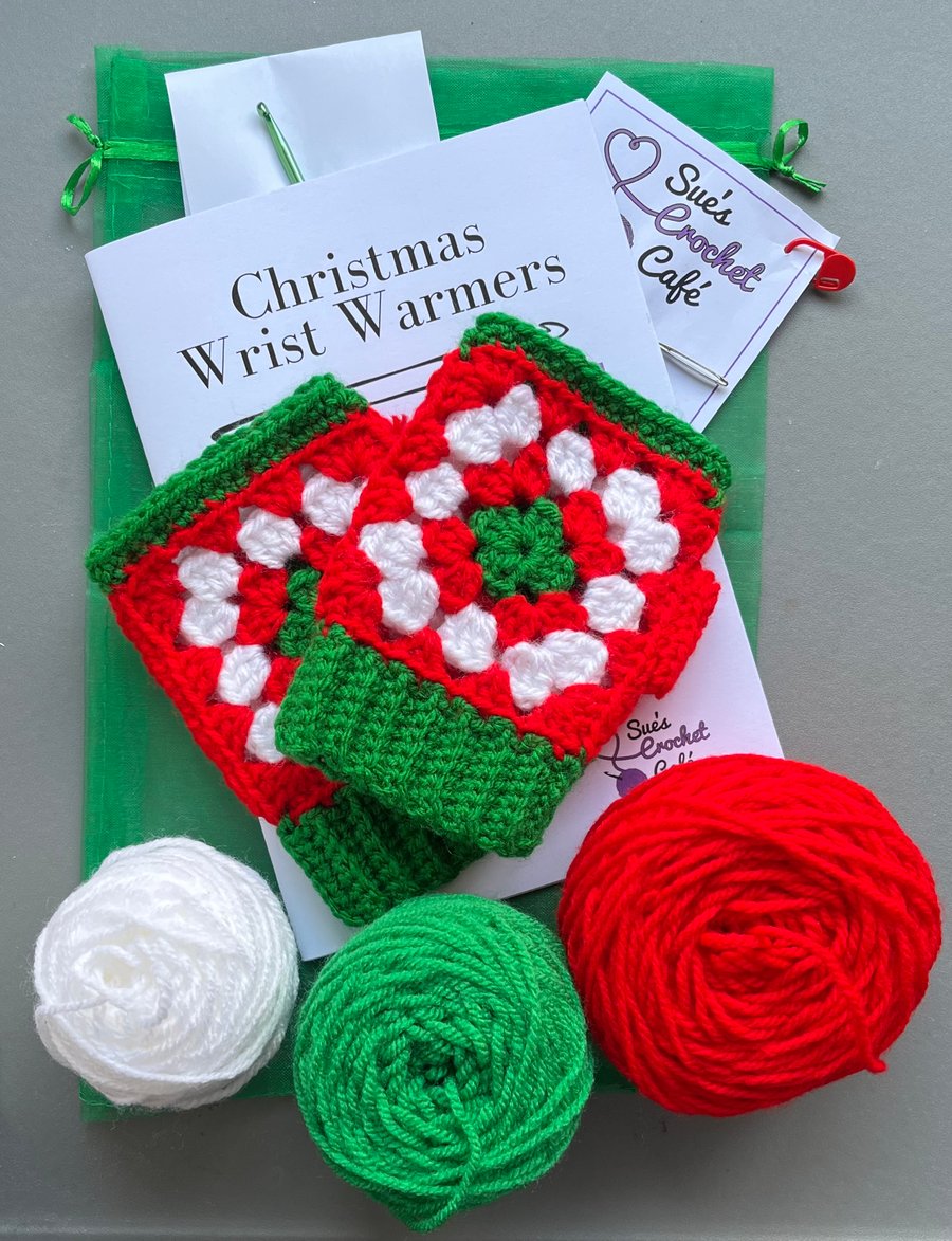 Granny Square Christmas Wrist Warmers Crochet Kit. Printed pattern