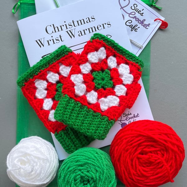 Granny Square Christmas Wrist Warmers Crochet Kit. Printed pattern