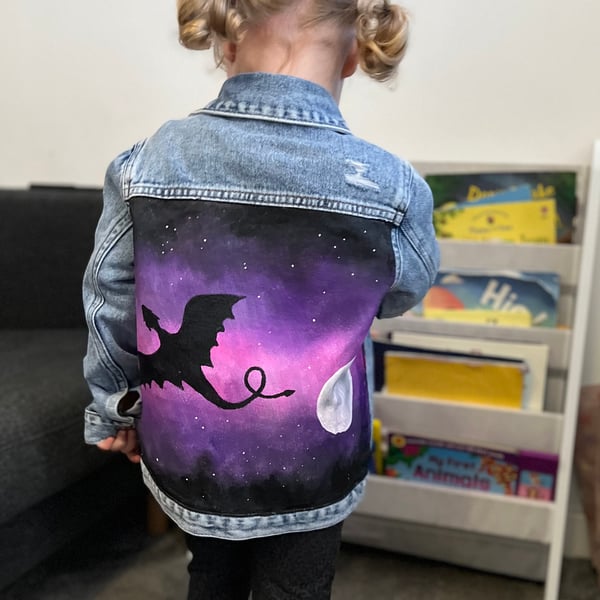 Custom hand-painted denim jacket, Dragon in the Night Sky.