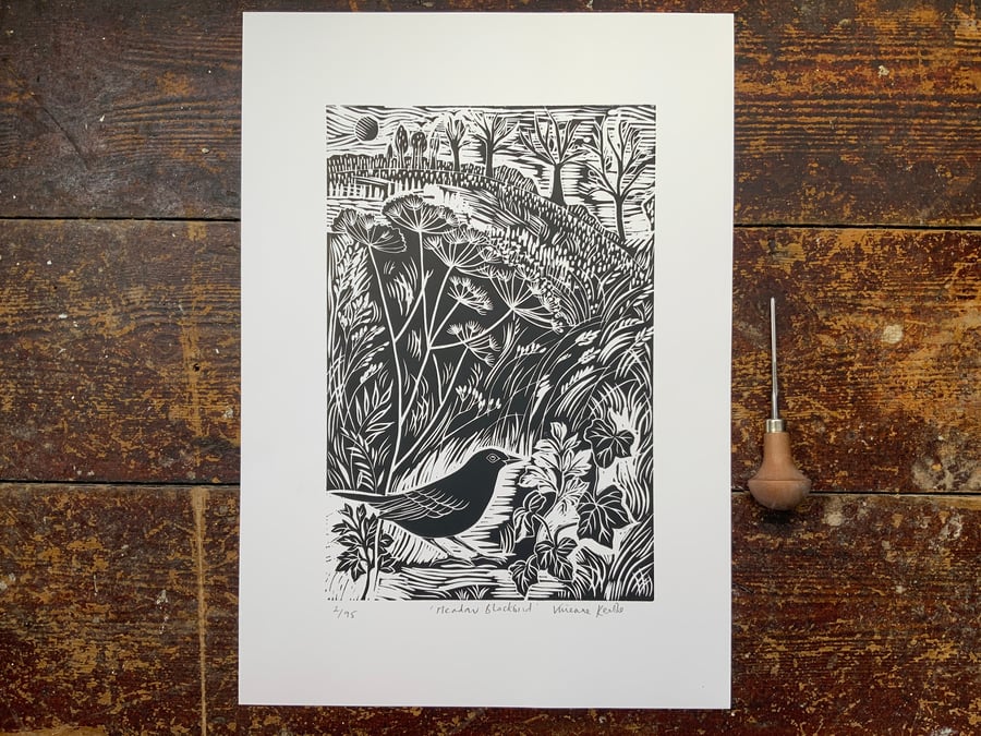 Meadow Blackbird Original Linocut Print