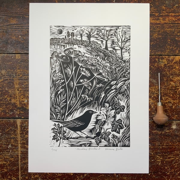 Meadow Blackbird Original Linocut Print