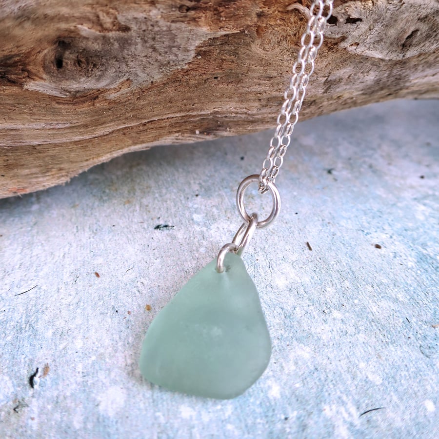 Seafoam Green Sea Glass Necklace, Sterling Silver Pendant on 18" Belcher Chain