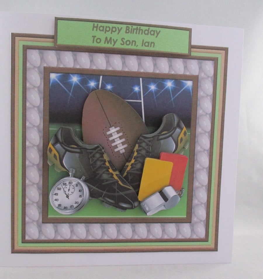 Handmade 3D,  Rugby Birthday Greetings Card, boots, whistle,stopwatch, 