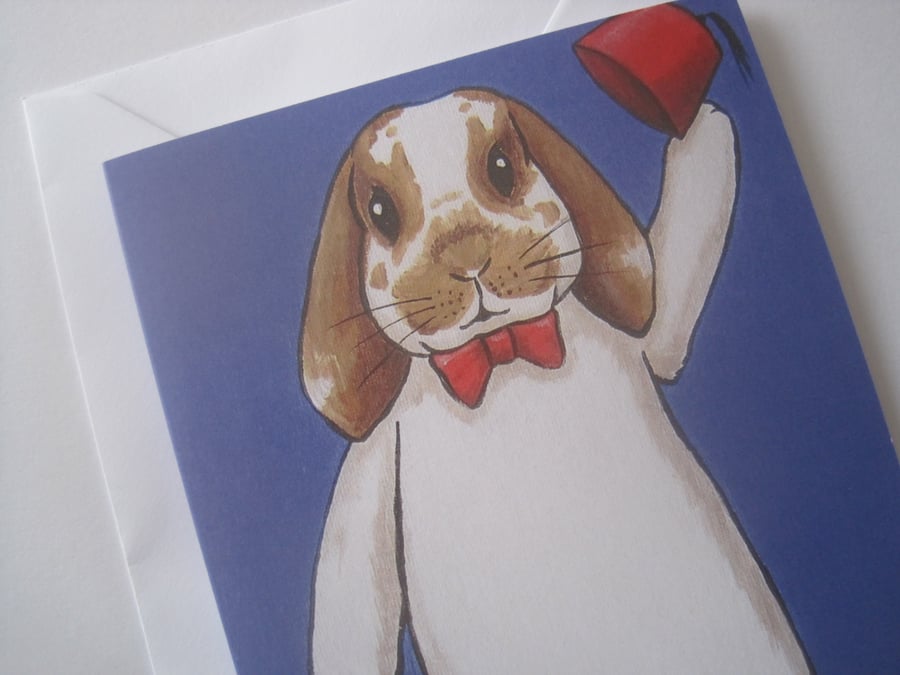 SALE Bunny in a Fez Hat and Bow Tie Blank Greetings Card
