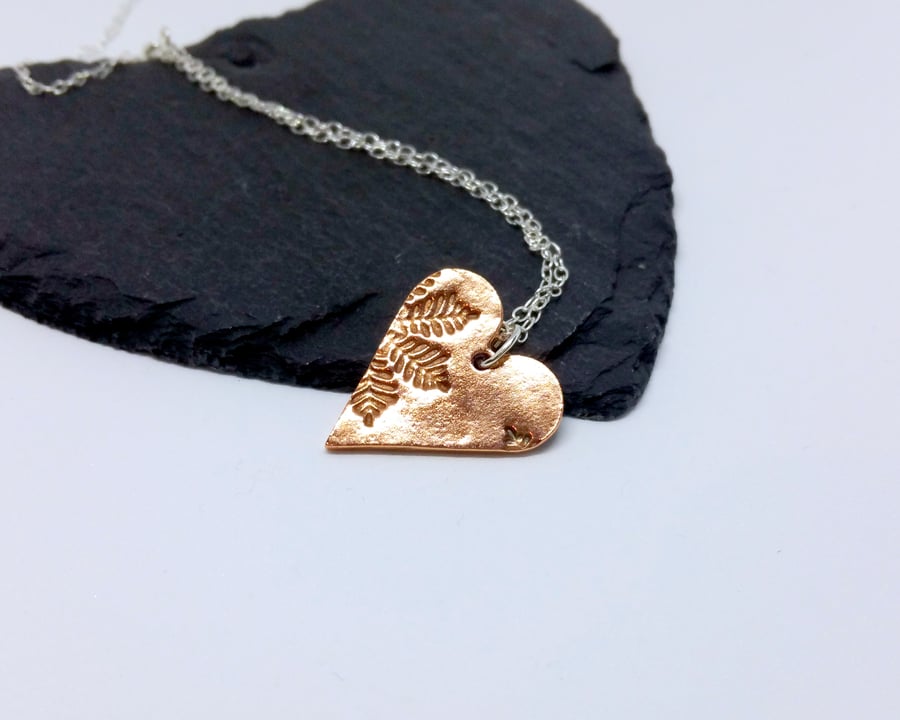 Copper Heart Necklace, Leaf Print Pendant