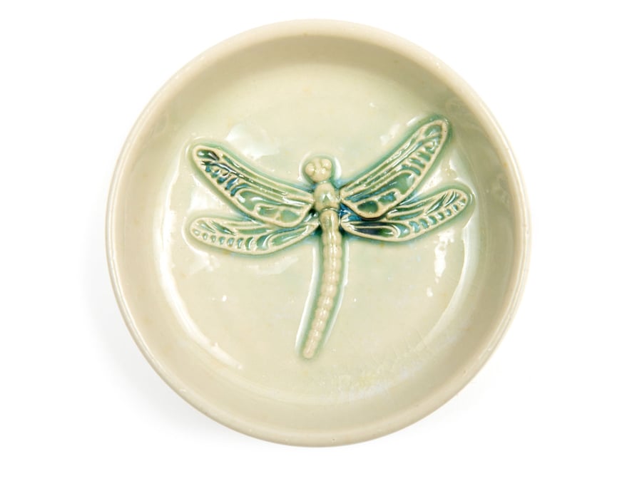 Handmade pottery, dragonfly design, trinket dish, pottery ring dish, soap dish 