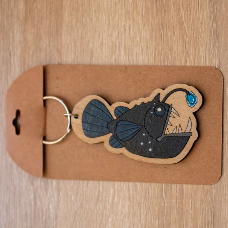 Anglerfish Wooden Keyring – Hand-Painted Deep Sea Creature Gift for Ocean Lovers