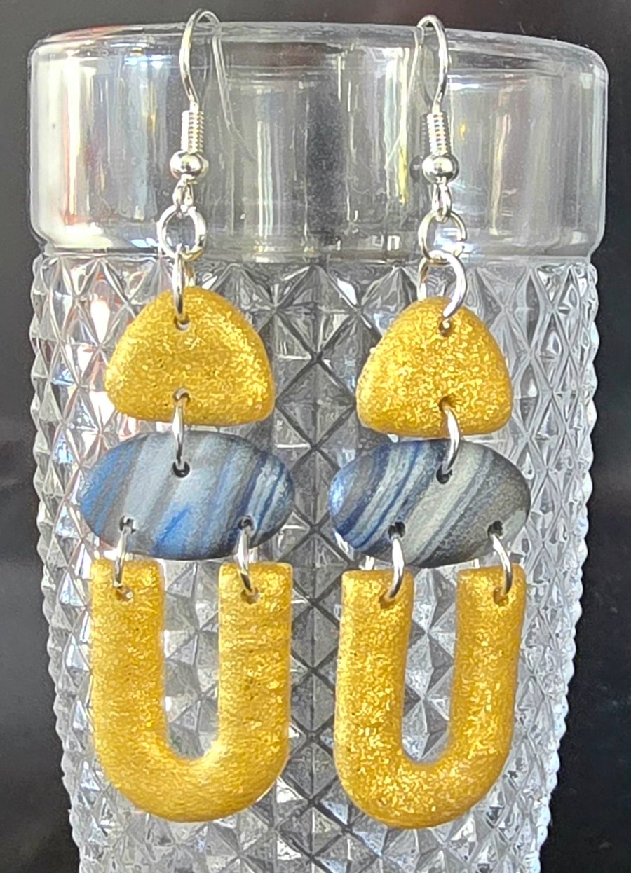 Polymer clay dangle gold effect earrings on silver plated earhooks