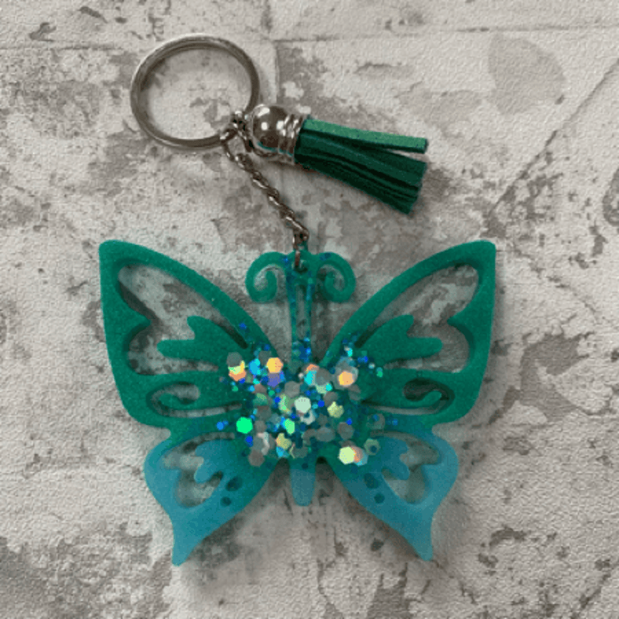 Customisable Butterfly Key Rings and Bag Charms with Glitter Centre 