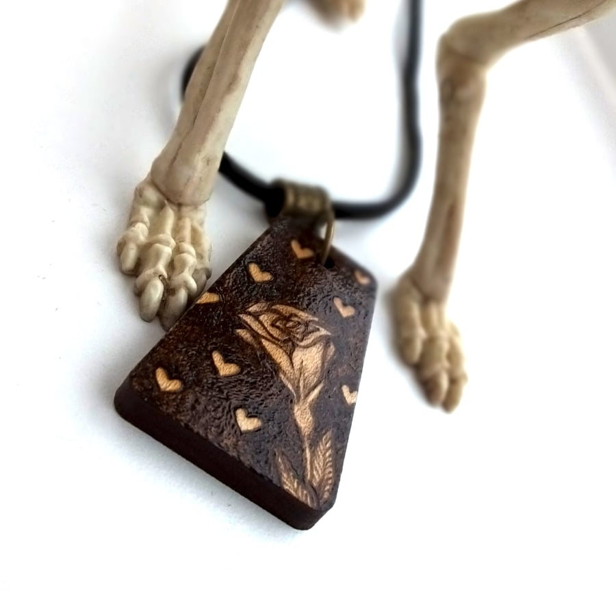 Hearts and a Rose Pyrography Pendant Necklace