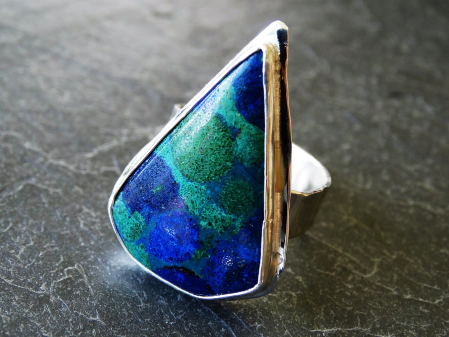 Azurite, geometric, resizeable sterling silver ring.