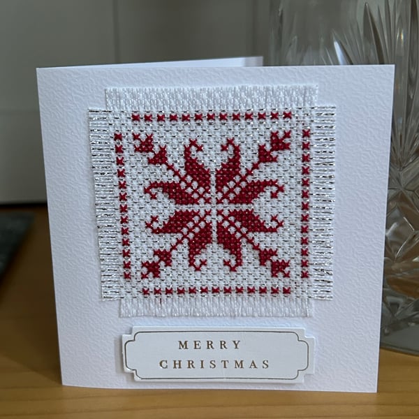 Christmas card cross stitch Scandinavian snowflake design 3 inch x 3inch 