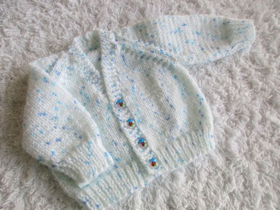 14" Newborn Boys White Print V Neck Cardigan