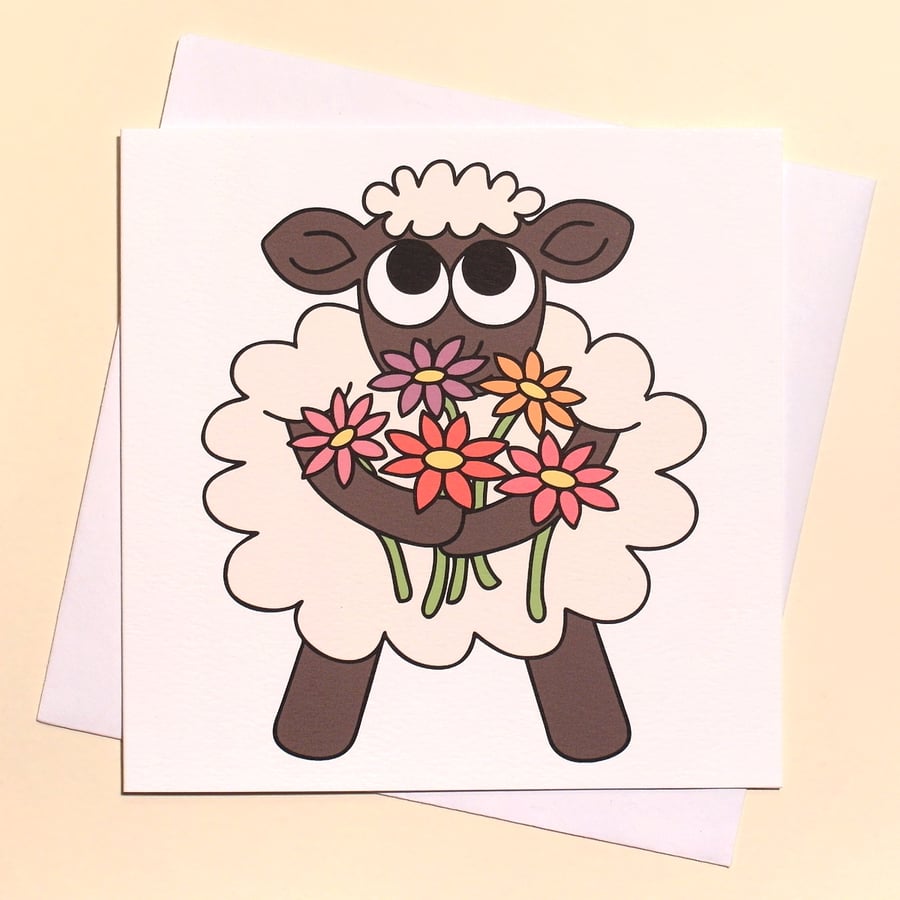 Thank You Card - cute sheep with flowers - a little thank ewe Q-EWE