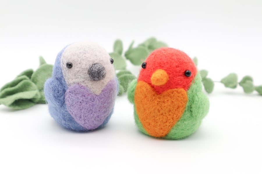 Pair of Woolly Lovebirds - Needle Felted Handmade Decoration