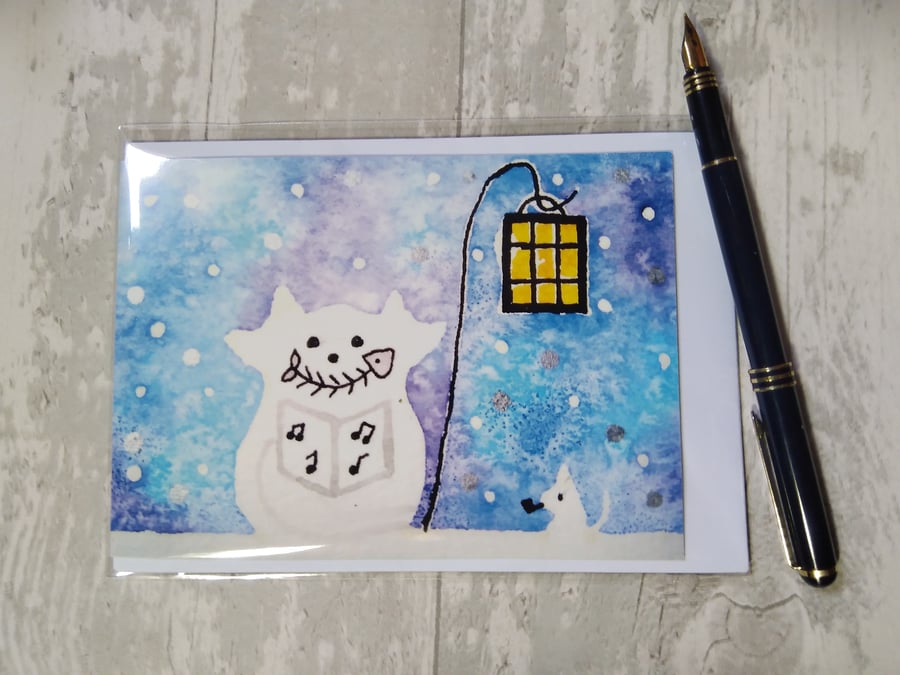 Christmas card (printed) Snow cat and mouse go carolling