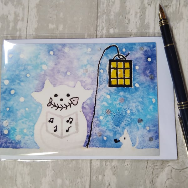 Christmas card (printed) Snow cat and mouse go carolling