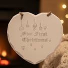 Our First Christmas Heart. Painted Wood. Etched