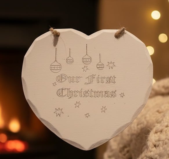 Our First Christmas Heart. Painted Wood. Etched