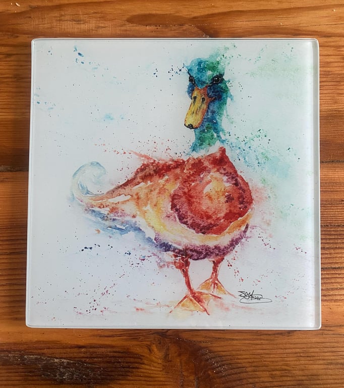 Mallard Duck Watercolour on a 20cm Square Glass Trivet, 