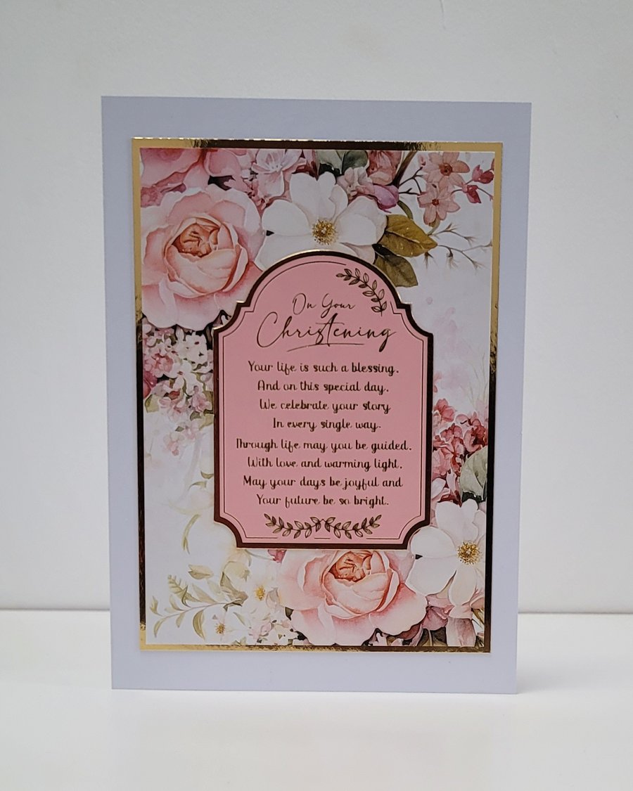 Floral Christening Card - Luxury Keepsake Baptism Card with Poem