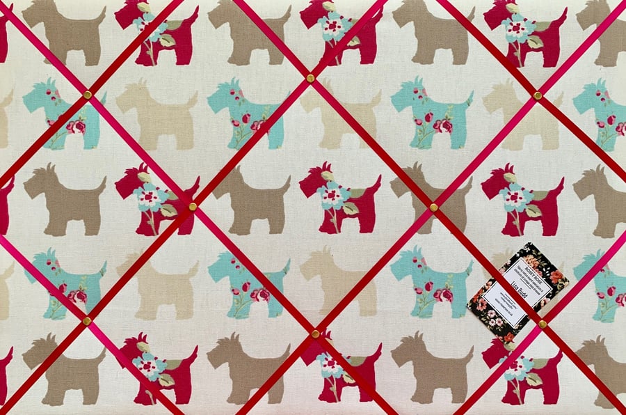 Handmade Bespoke Memo Notice Board With Clarke Scottie Dogs Taupe Dogs Fabric
