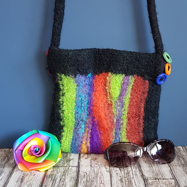 Colourful Striped Felted Wool Small Shoulder Bag with Button Details