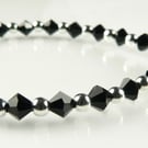 Jet black Preciosa Czech glass beaded bracelet, lobster clasp, sterling silver