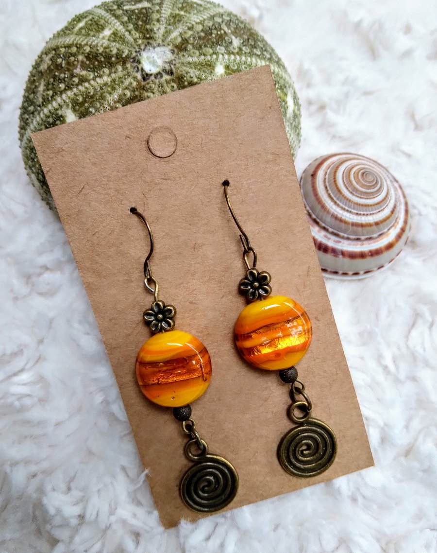 Hand-made LAMPWORK glass and bronze dangly EARRINGS