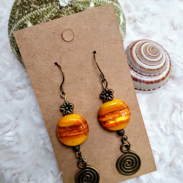 Hand-made LAMPWORK glass and bronze dangly EARRINGS