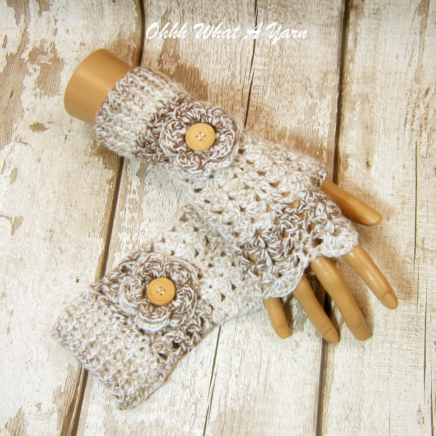 Beige and cream ladies crochet gloves, finger less gloves,wrist warmers