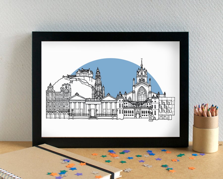 Edinburgh Landmarks Skyline Art Print