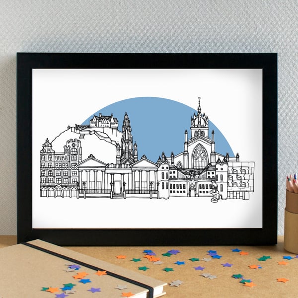 Edinburgh Landmarks Skyline Art Print