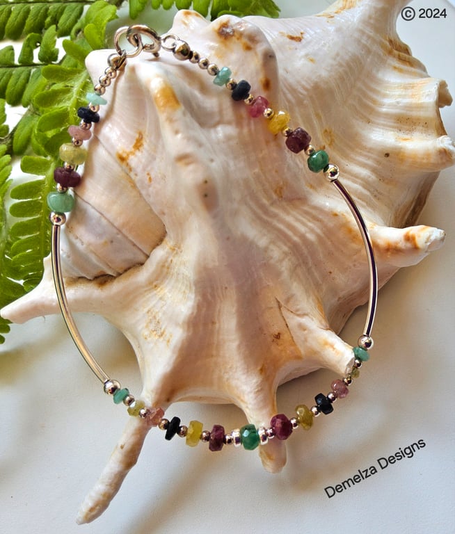 Dainty Ruby, Sapphire & Emerald Noodle  Sterling Silver Brangle