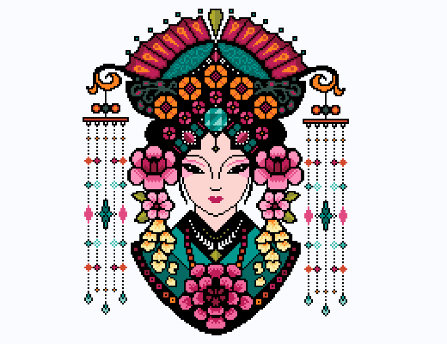 102 Cross Stitch Chinese Princess Phoenix Beijing Opera with Crown, Paper cut