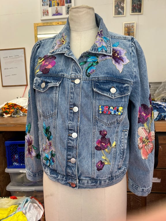Floral customised denim jacket size 16-18 unique item