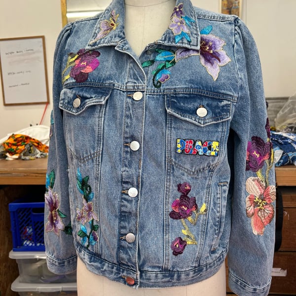 Floral customised denim jacket size 16-18 unique item